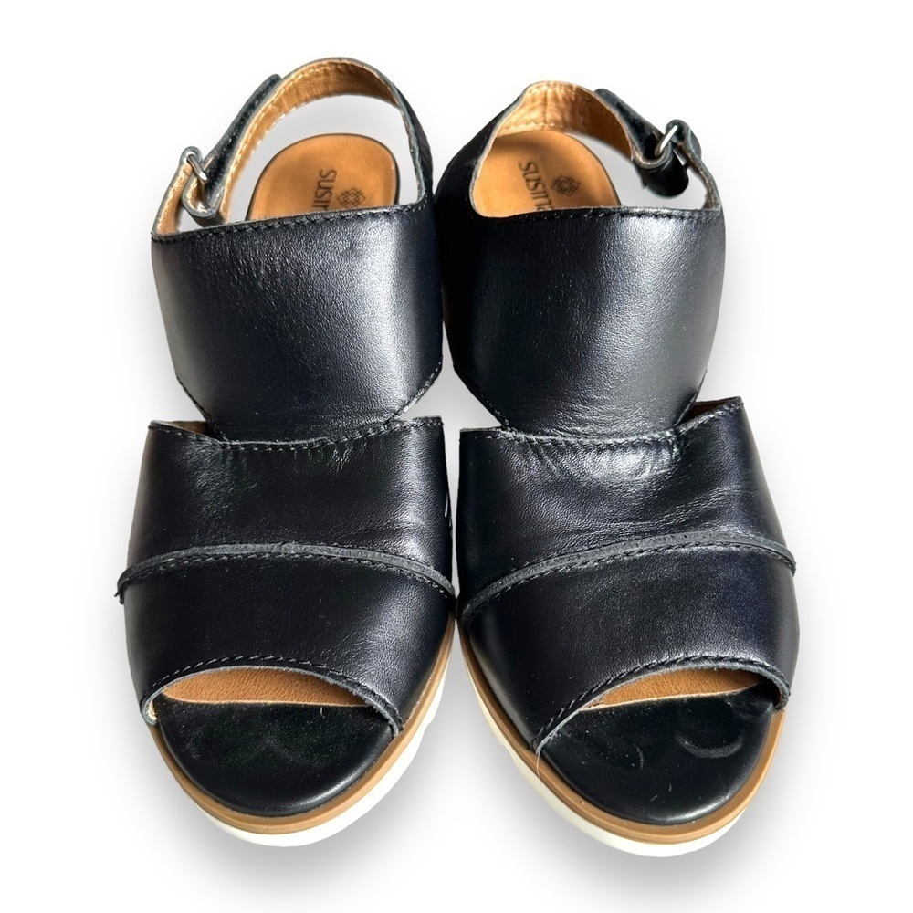 Susina Women’s Black Peep Toe Slingback Leather Wedge Heels Size 9